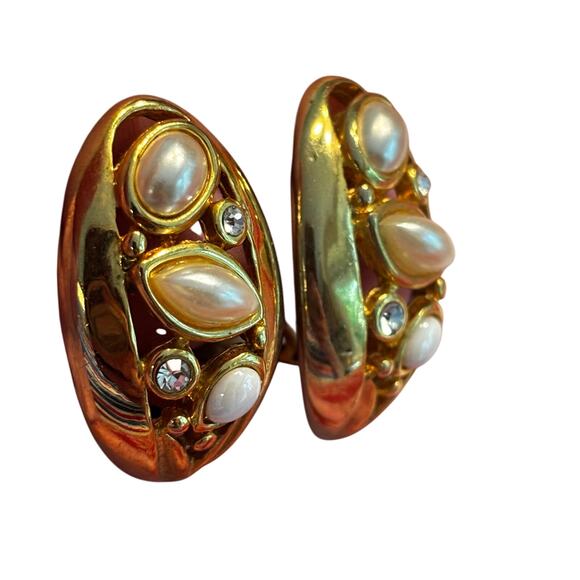 Chunky clip on earrings gold tone & faux pearls rhinestones vintage 80’s runway - Picture 7 of 8